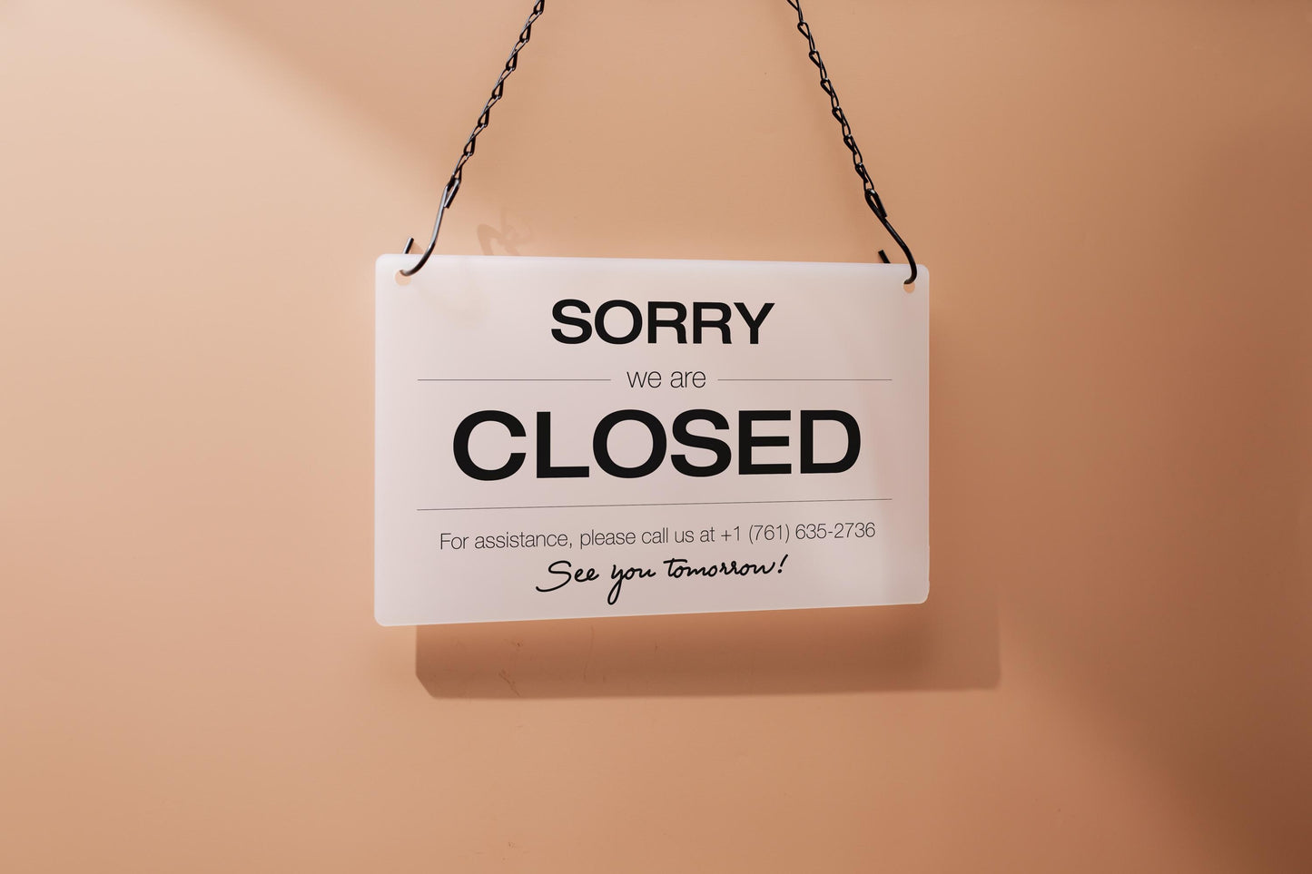 Hanging Acrylic Sign & Black Metal Chain (D6) - 11.5x7" Window Office Home Business Door Wall Signage, Customizable Closed Store Signs