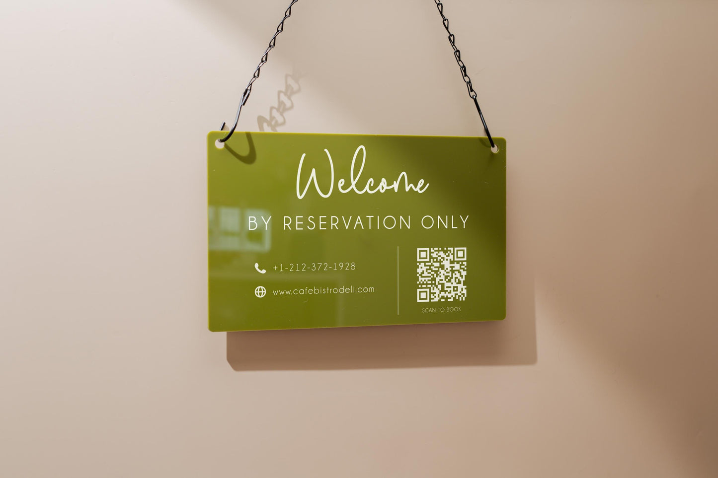 Hanging Acrylic Sign & Black Metal Chain (D12) - 11.5x7" Custom Welcome Sign Window Office Business Info Door Wall, QR Code Market Craft