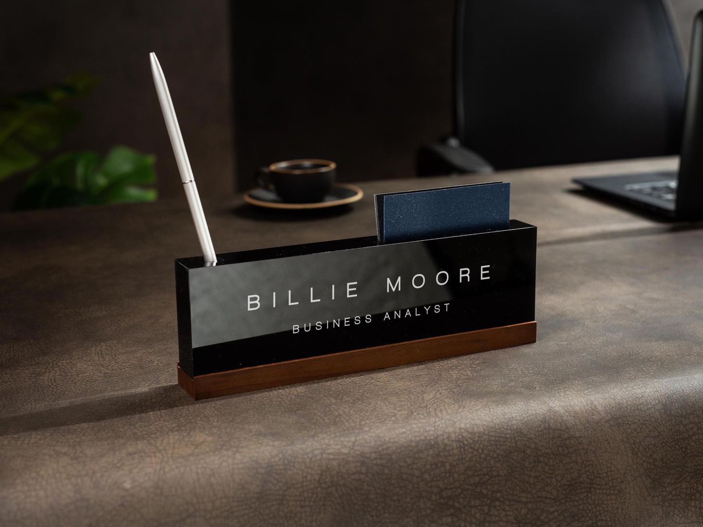 Personalized Acrylic Name Block w/ Slots (D3) - Optional Wood Base, Minimal Executive Teacher Desk Decor, New Job, Desk Name Plate