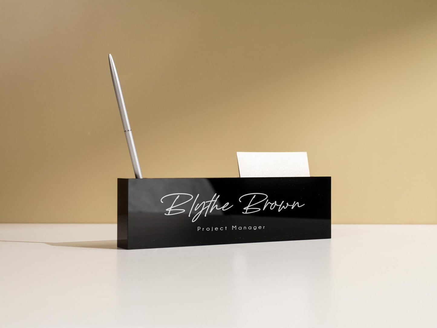 Personalized Acrylic Name Block w/ Slots (D5) - Optional Wood Base, Minimal Executive Teacher Desk Decor, New Job, Desk Name Plate
