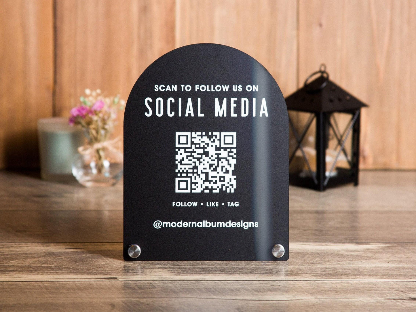 Arched QR Code Social Media Sign - 6x7.75" Scannable Table Desk Signage, Social Media for Small Business, Office Salon Restaurant Bar Signs