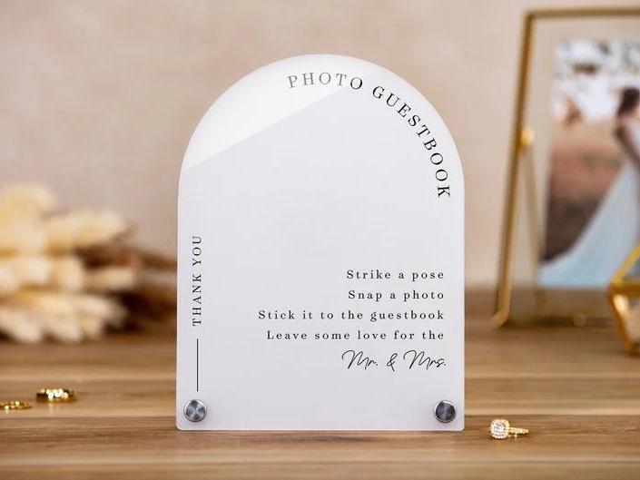 Arch Wedding Table Sign (Design 9) - 6 x 7.5" Please Sign Our Guestbook Custom Acrylic, Photo Guest Book Table Decor Signage, Polaroid Sign