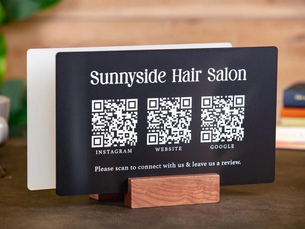 3 QR Codes Business Sign w/ Wood Stand - 11.5x7" Scannable Acrylic Instagram Tiktok Website Business Salon Restaurant Bar Reviews Tips Sign