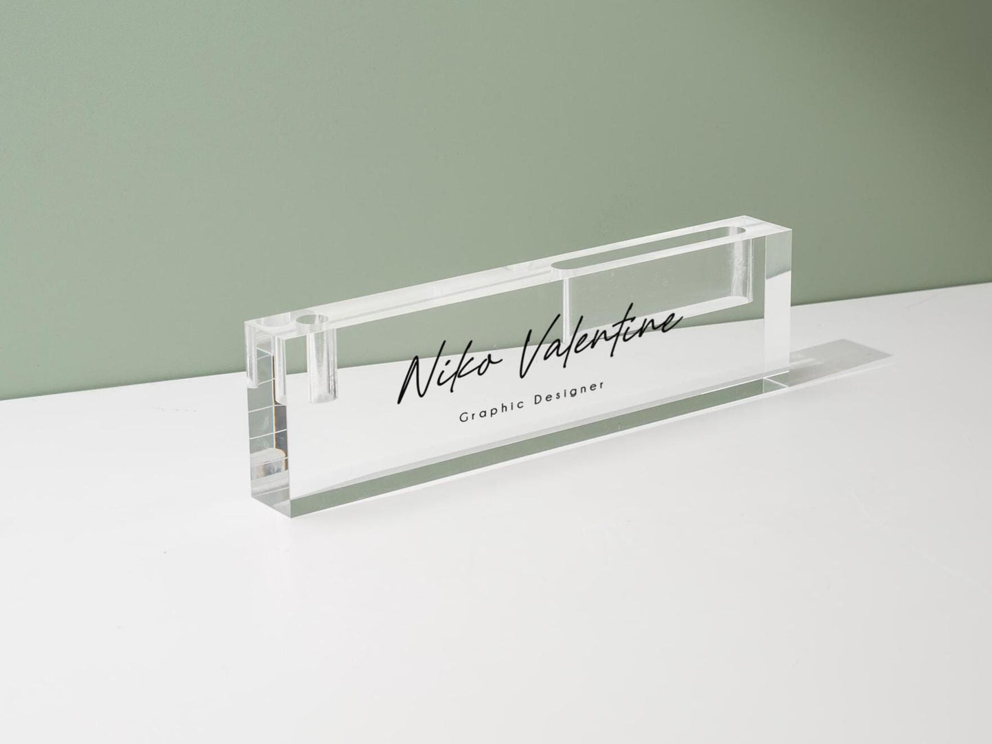 Personalized Acrylic Name Block w/ Slots (D5) - Optional Wood Base, Minimal Executive Teacher Desk Decor, New Job, Desk Name Plate