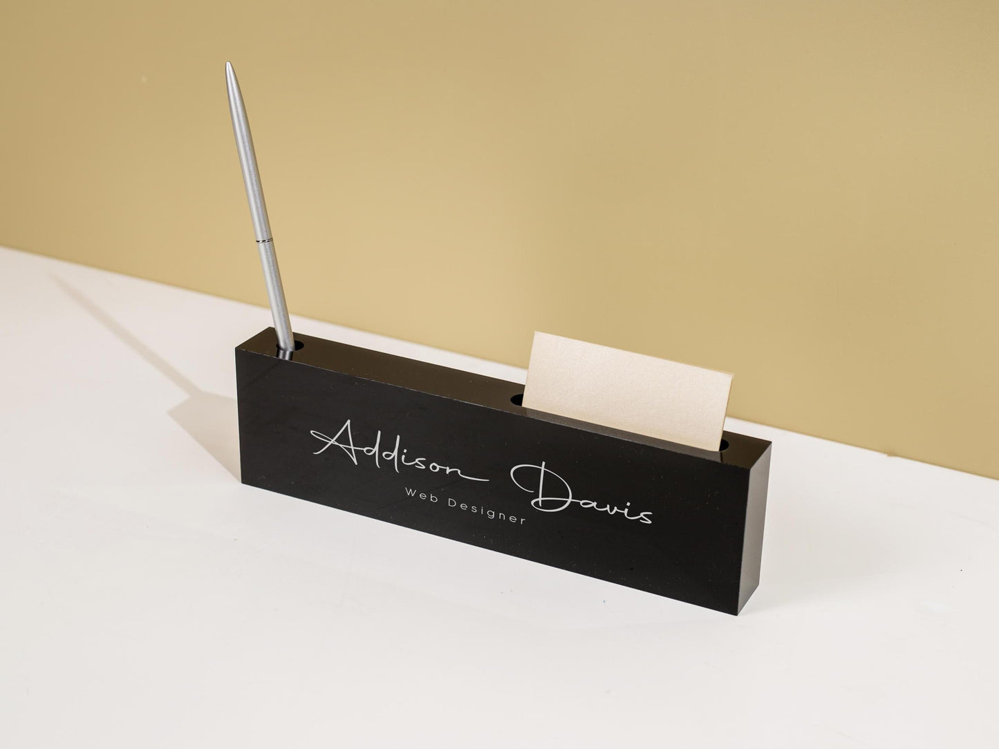 Personalized Acrylic Name Block w/ Slots (D2) - Optional Wood Base, Minimal Executive Teacher Desk Decor, New Job, Desk Name Plate
