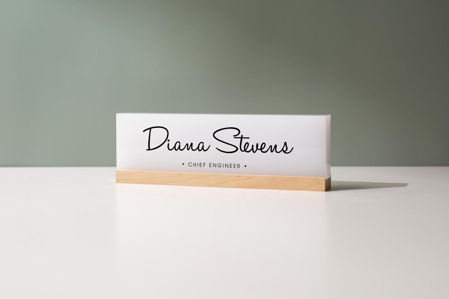 Personalized Acrylic Name Block (D10) - w/ Optional Wooden Base, Cursive Creative Executive Desk CEO Sign, Job Office Decor Promotion Gift