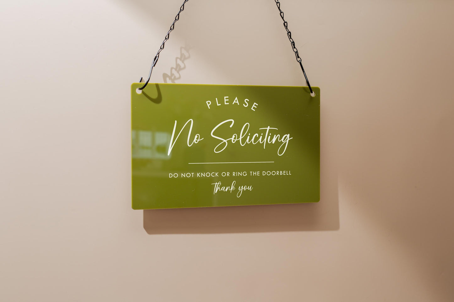 No Soliciting Hanging Acrylic Sign & Black Metal Chain - 11.5x7" Custom Window Sign, Office Home Door Signage Small Business Owner Gift