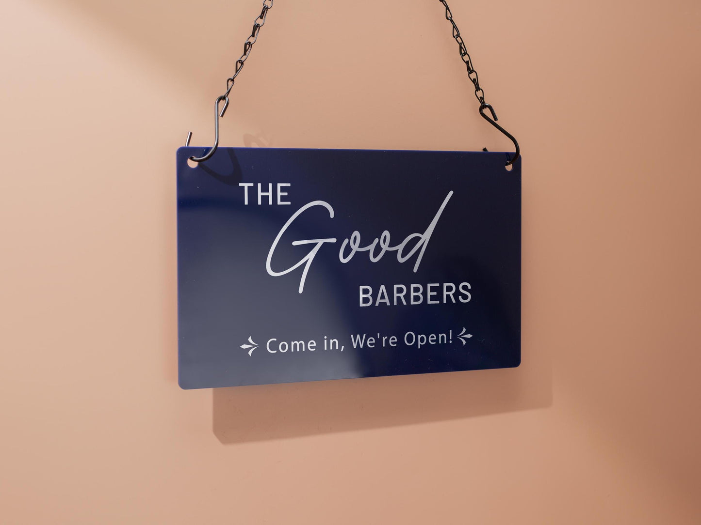 Hanging Acrylic Sign w/ Metal Chain (D3) - 11.5x7" Custom Signage for Store Name Office Door Window Open Closed, Craft Trade Show