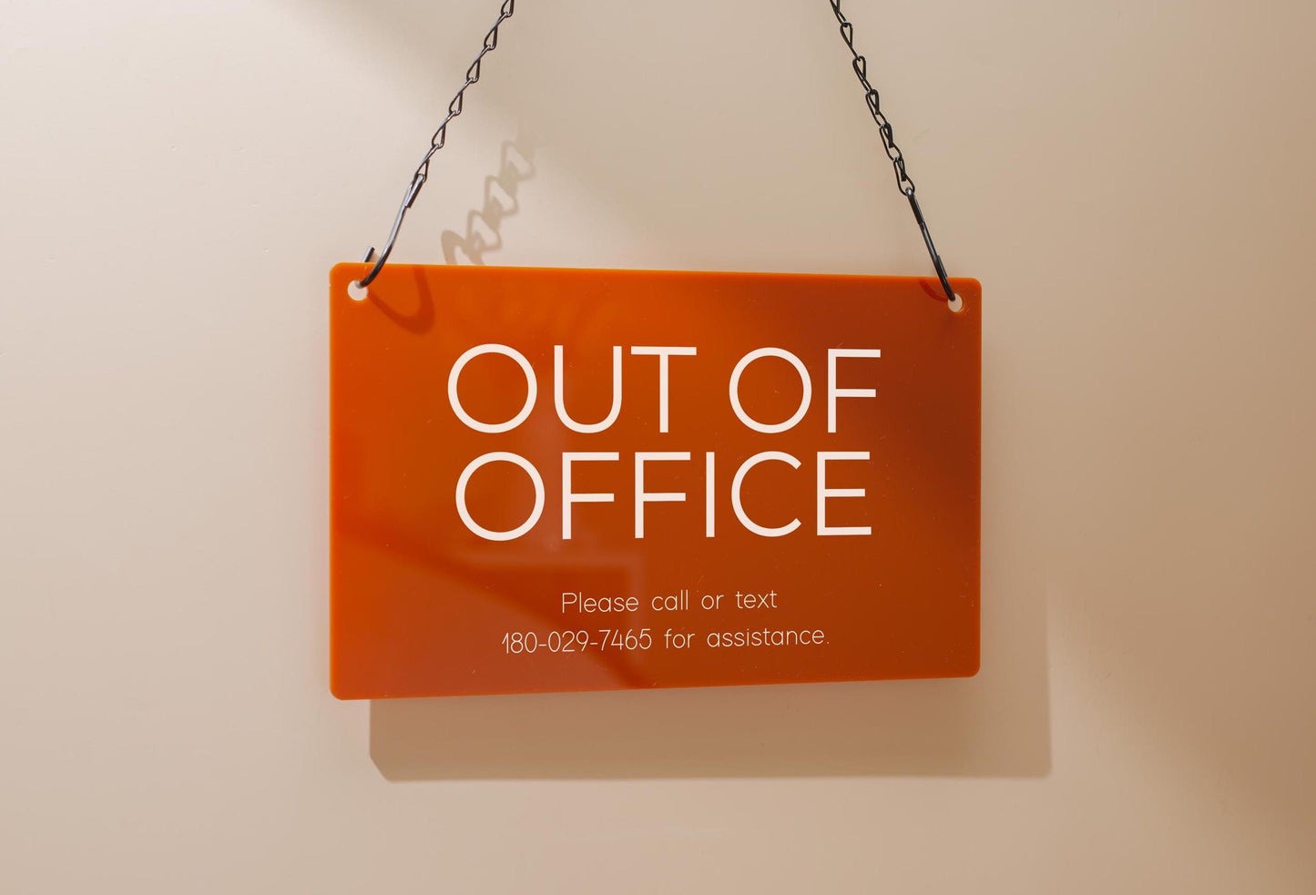 Hanging Acrylic Sign & Black Metal Chain (D9) - 11.5x7" Custom Window Office Business Door Wall Signage, Open Closed Store Shop Customizable