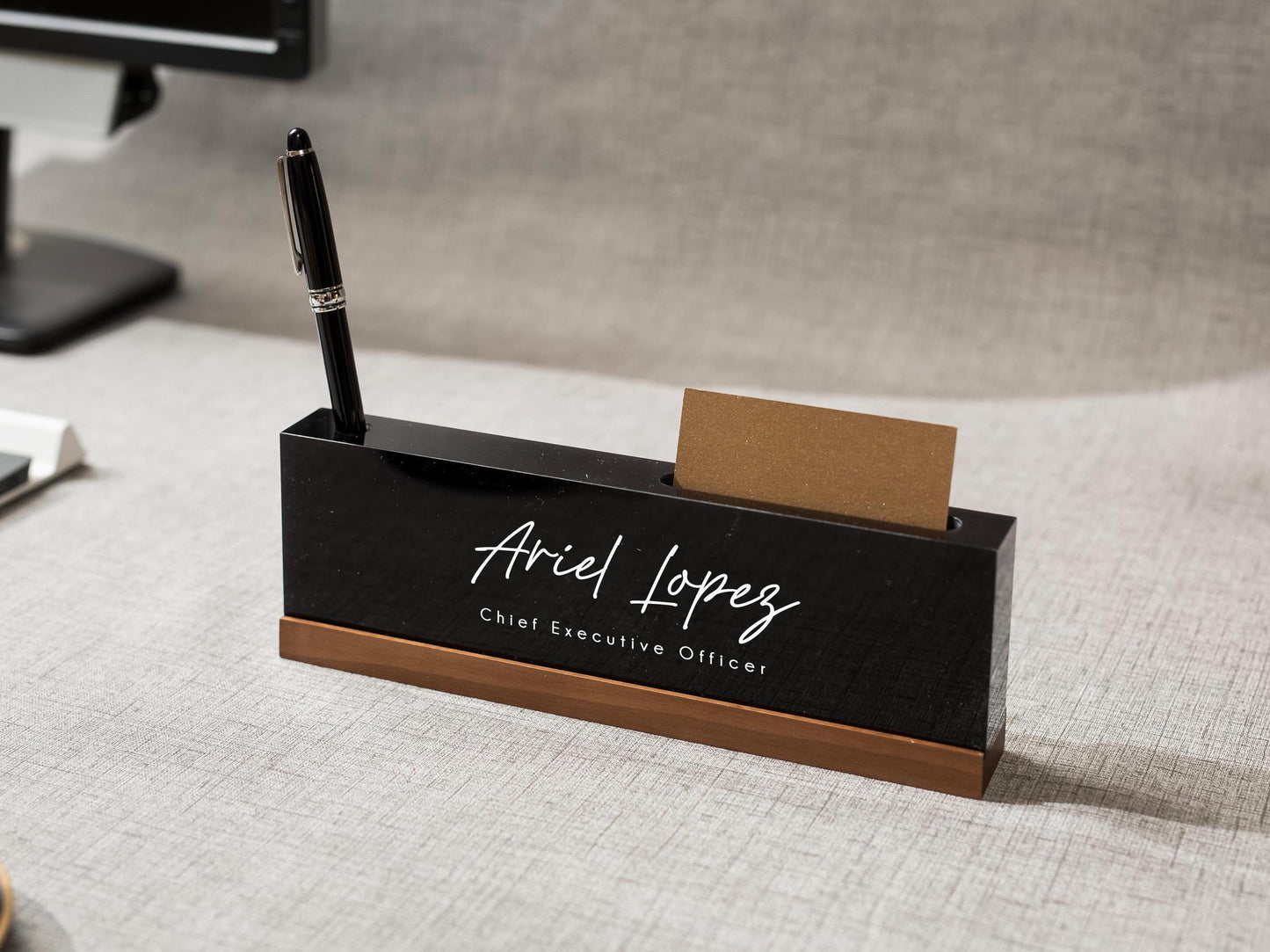 Personalized Acrylic Name Block w/ Slots (D5) - Optional Wood Base, Minimal Executive Teacher Desk Decor, New Job, Desk Name Plate