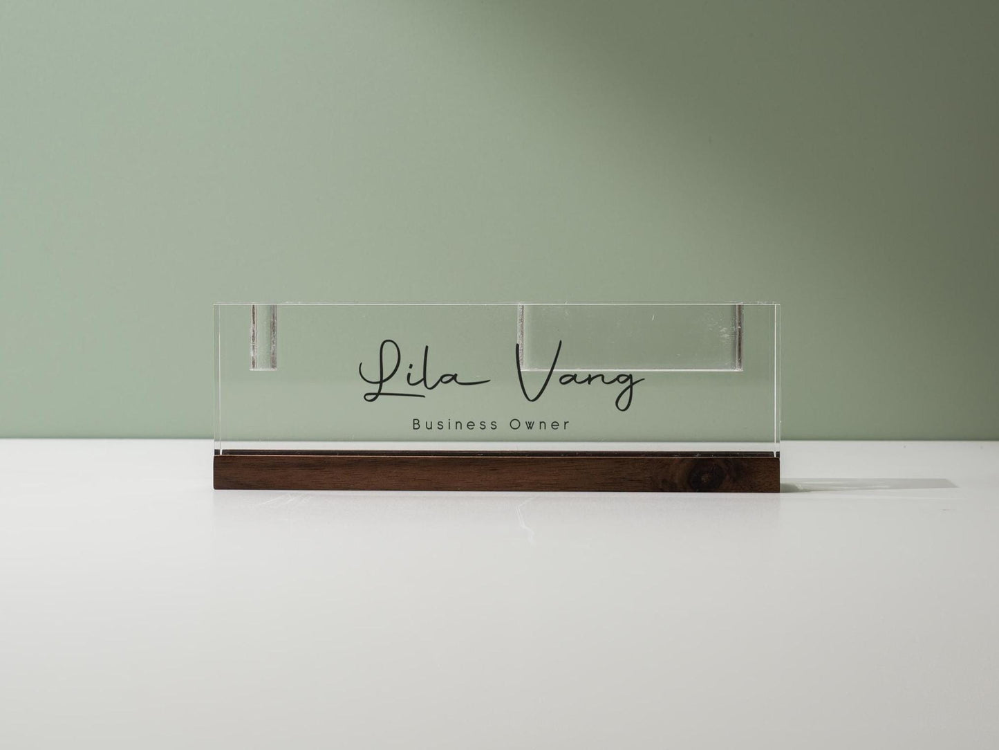 Personalized Acrylic Name Block w/ Slots (D2) - Optional Wood Base, Minimal Executive Teacher Desk Decor, New Job, Desk Name Plate