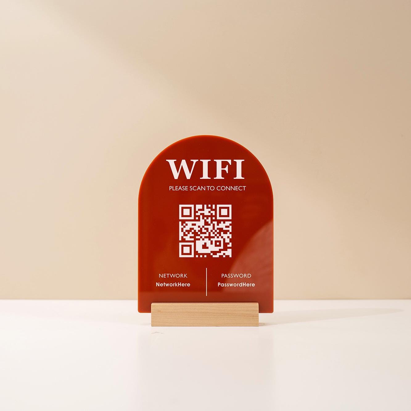 QR Code Wifi Acrylic Sign w/ Base (D3) - Scannable Wifi Table Sign Home Airbnb Rental Small Business Office Signage Salon Spa Clinic 6x7.75"
