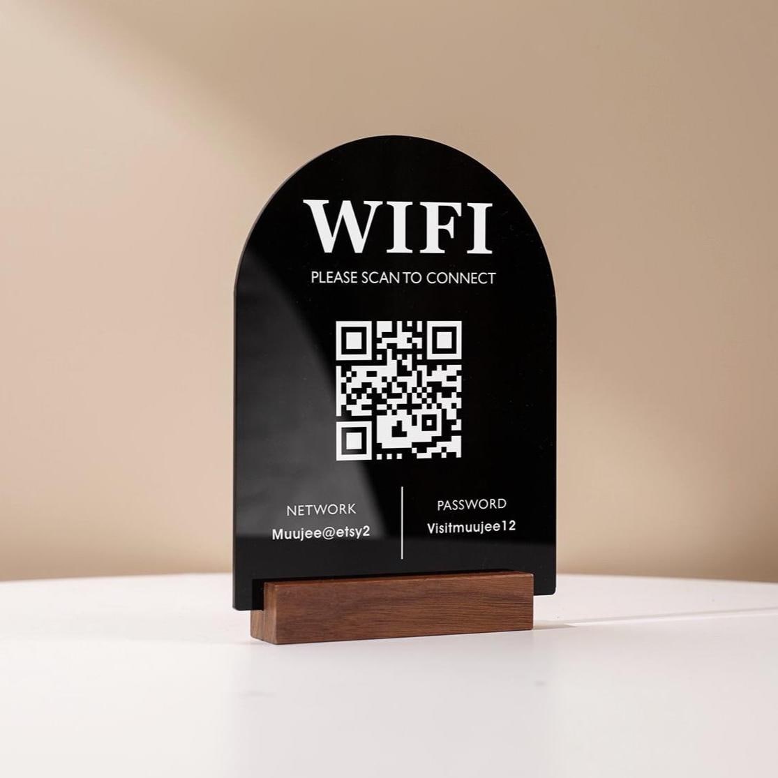 QR Code Wifi Acrylic Sign w/ Base (D3) - Scannable Wifi Table Sign Home Airbnb Rental Small Business Office Signage Salon Spa Clinic 6x7.75"