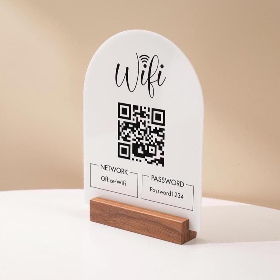 QR Code Wifi Acrylic Sign w/ Base (D4) - Scannable Wifi Table Sign Home Airbnb Rental Small Business Office Signage Salon Spa Clinic 6x7.75"
