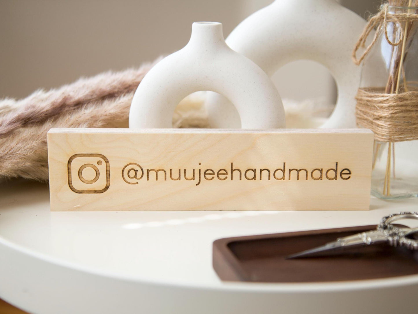 Plywood Social Media Sign - Custom Hashtag Tabletop Display, Username Tag, Minimalist Business Signage for Instagram & Facebook