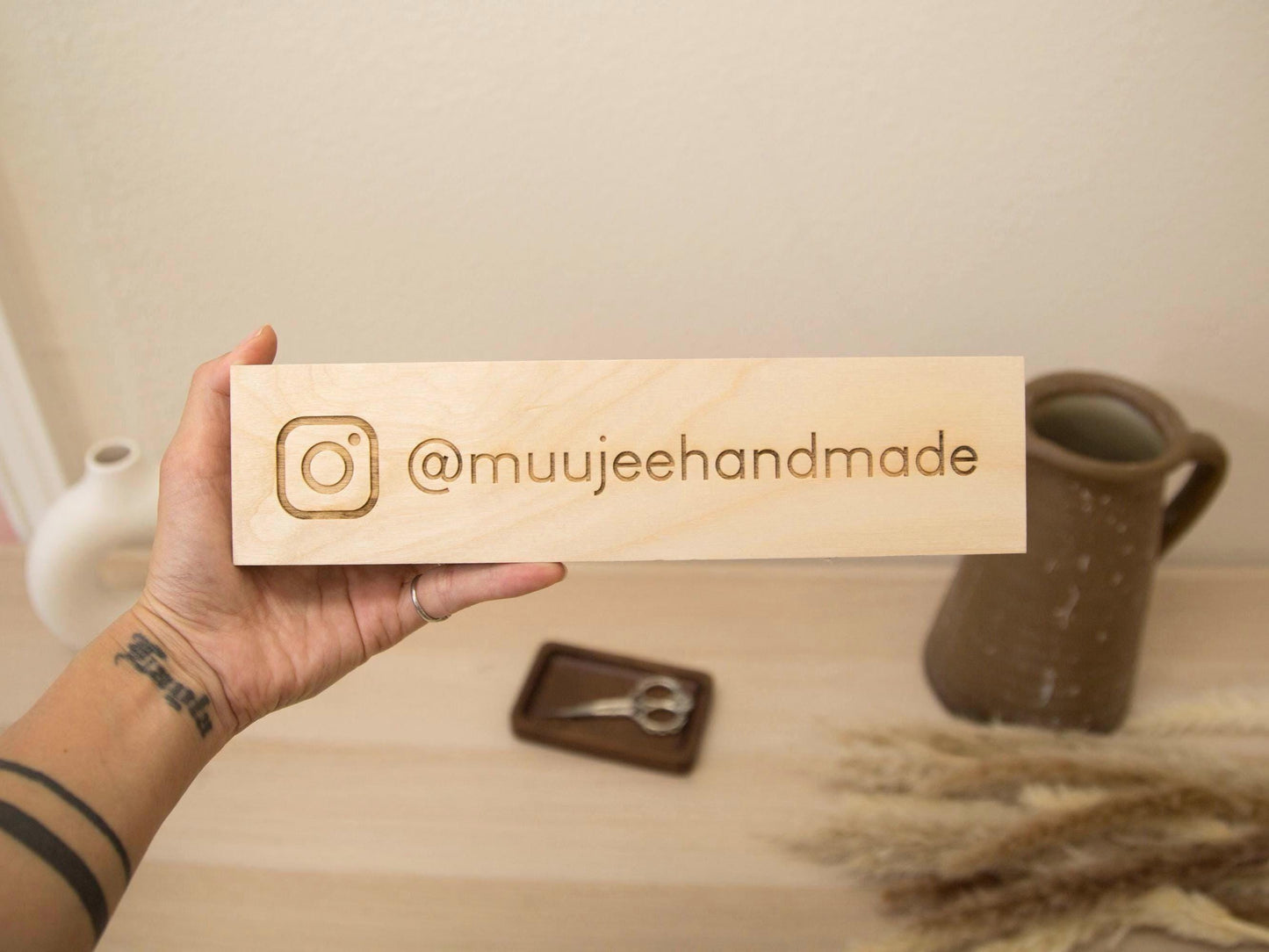 Plywood Social Media Sign - Custom Hashtag Tabletop Display, Username Tag, Minimalist Business Signage for Instagram & Facebook