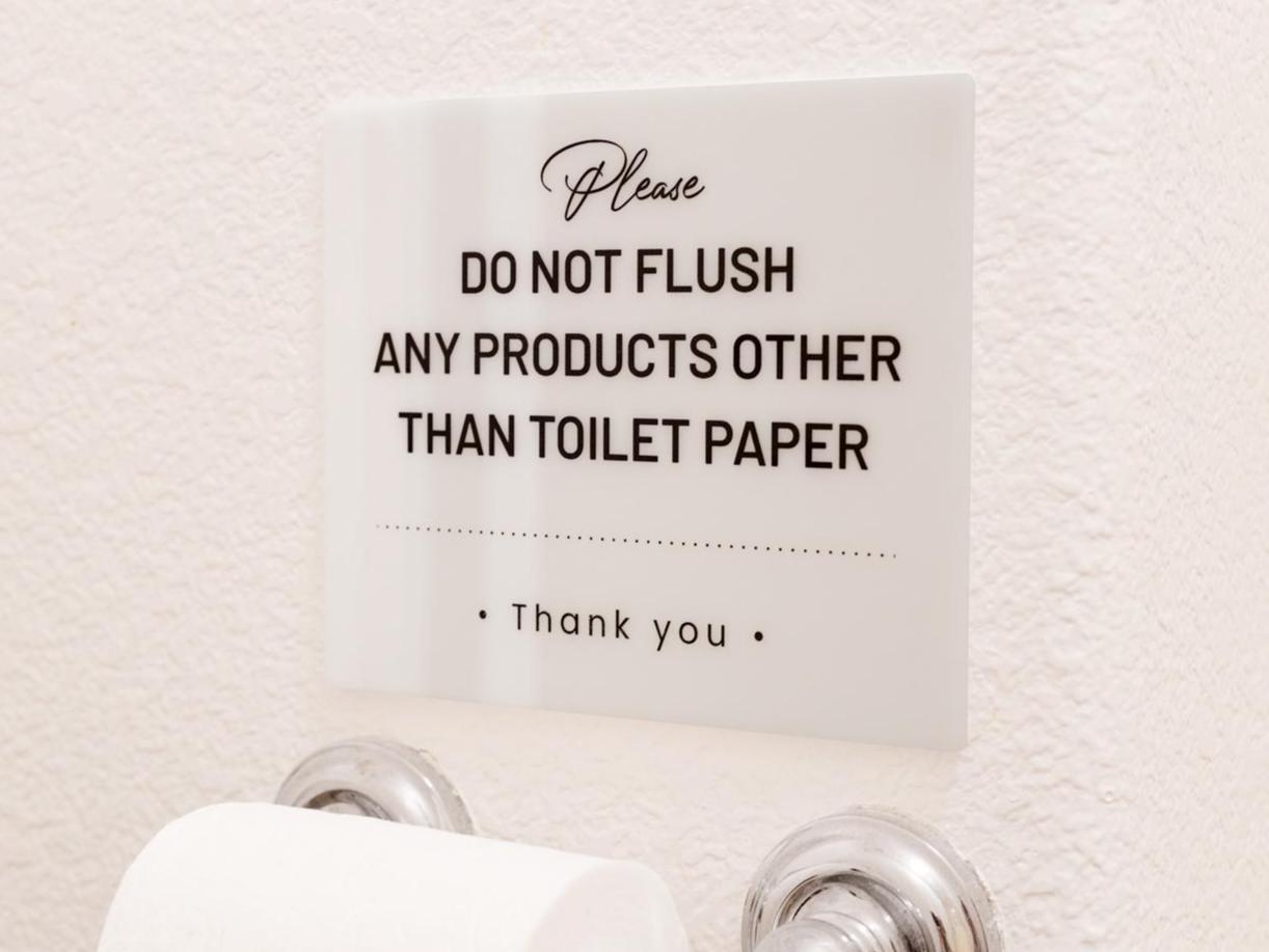 Do Not Flush Products Down Toilet Acrylic Courtesy Sign - 6.5 x 7.75" Bathroom Sign for Vacation Rentals Airbnb Businesses Restaurants Cafes