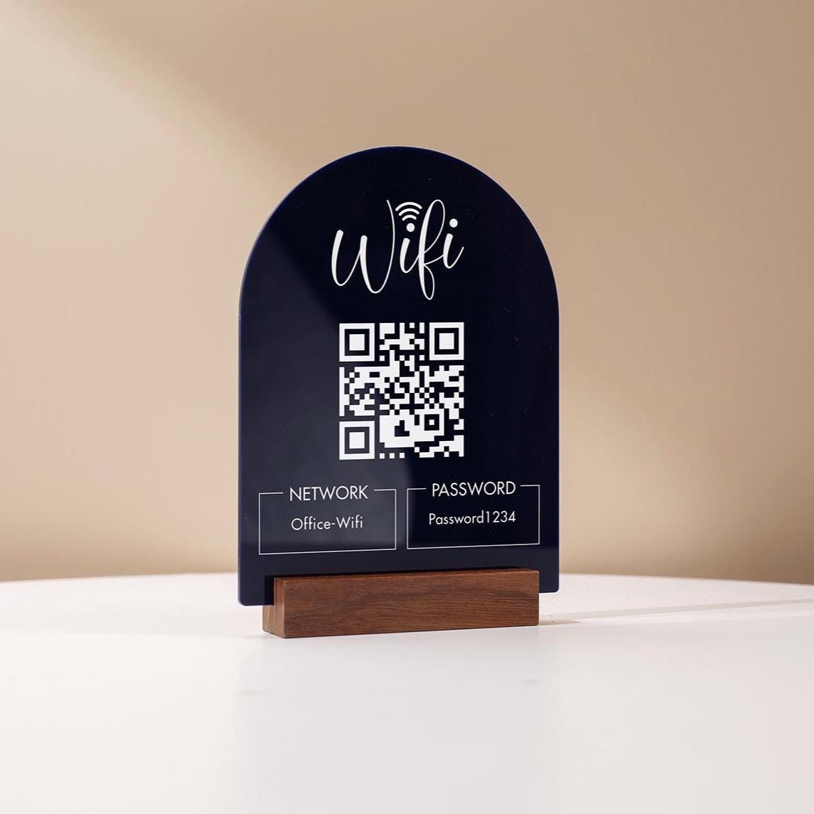 QR Code Wifi Acrylic Sign w/ Base (D4) - Scannable Wifi Table Sign Home Airbnb Rental Small Business Office Signage Salon Spa Clinic 6x7.75"