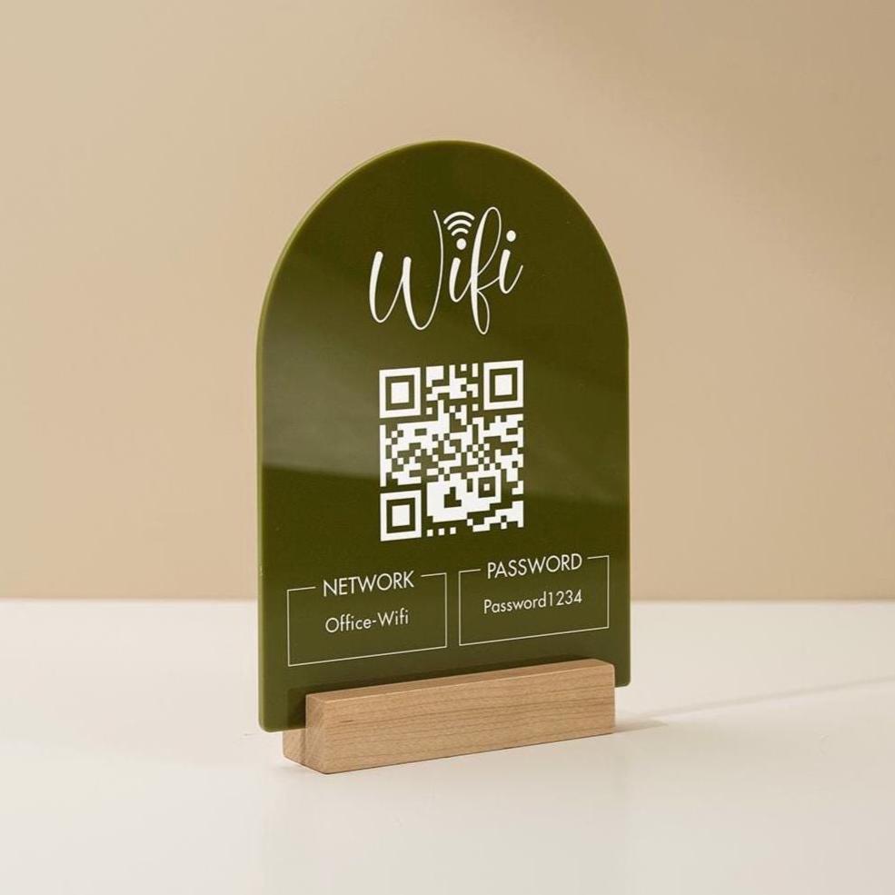 QR Code Wifi Acrylic Sign w/ Base (D4) - Scannable Wifi Table Sign Home Airbnb Rental Small Business Office Signage Salon Spa Clinic 6x7.75"