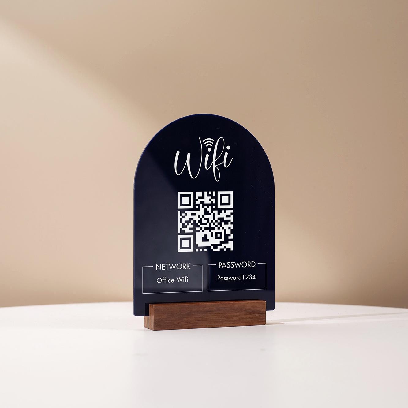 QR Code Wifi Acrylic Sign w/ Base (D4) - Scannable Wifi Table Sign Home Airbnb Rental Small Business Office Signage Salon Spa Clinic 6x7.75"