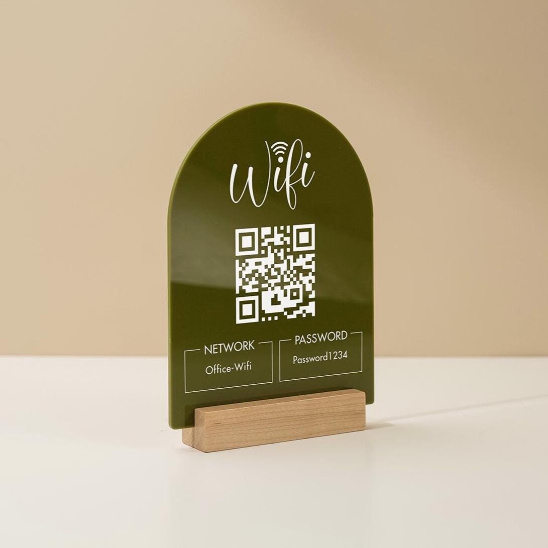QR Code Wifi Acrylic Sign w/ Base (D4) - Scannable Wifi Table Sign Home Airbnb Rental Small Business Office Signage Salon Spa Clinic 6x7.75"