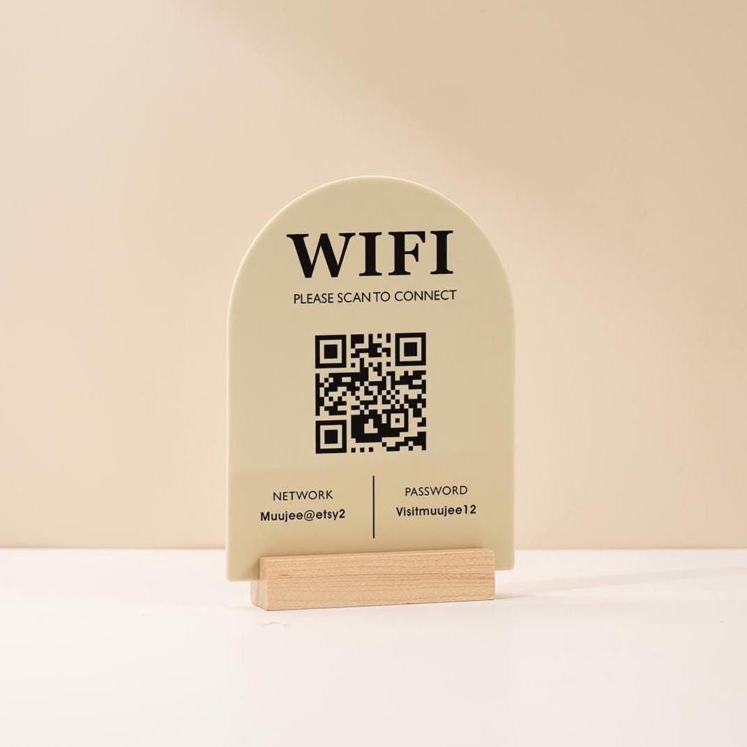 QR Code Wifi Acrylic Sign w/ Base (D3) - Scannable Wifi Table Sign Home Airbnb Rental Small Business Office Signage Salon Spa Clinic 6x7.75"