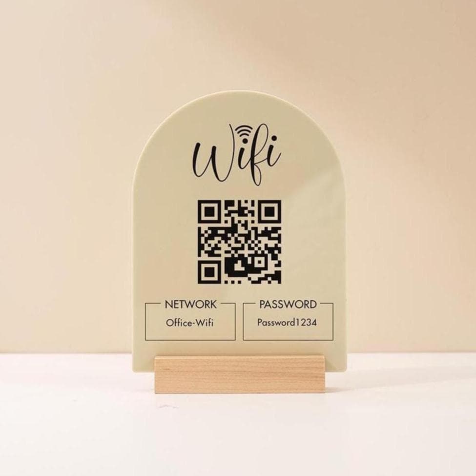 QR Code Wifi Acrylic Sign w/ Base (D4) - Scannable Wifi Table Sign Home Airbnb Rental Small Business Office Signage Salon Spa Clinic 6x7.75"