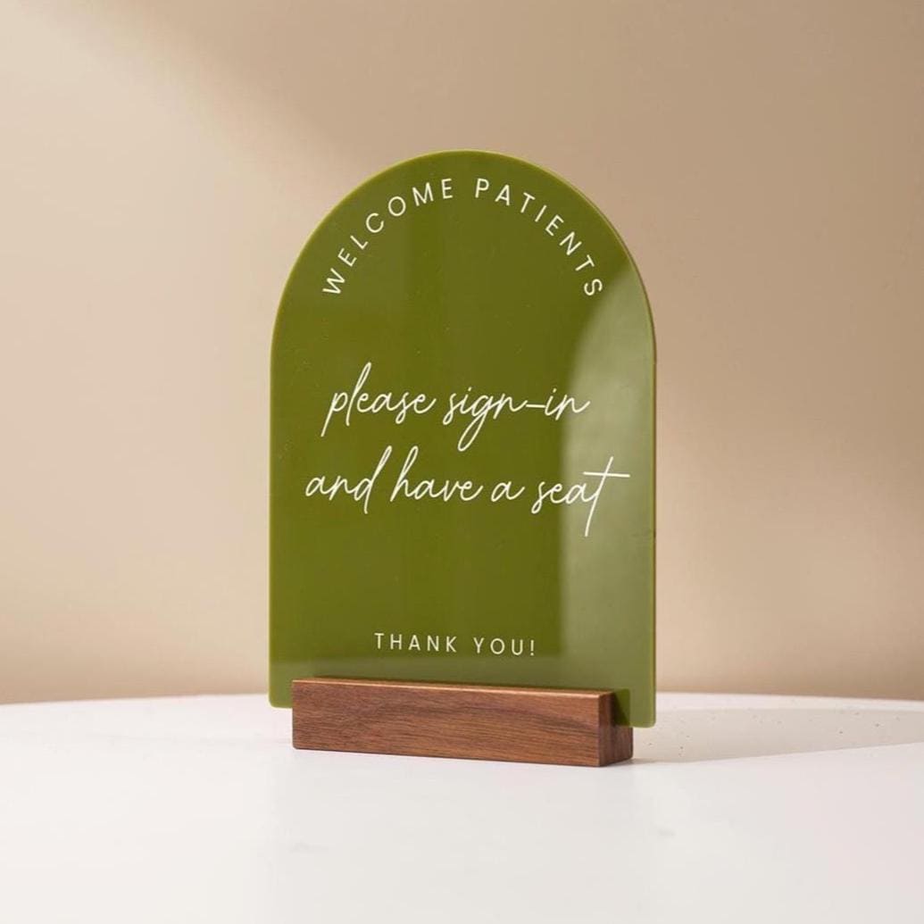 Arch Acrylic Sign w/ Base (D9) - Custom Signage for Business Clinic Office Retail Shops Trade Craft Show Salon, Wood or Acrylic Stand 6x7.5"