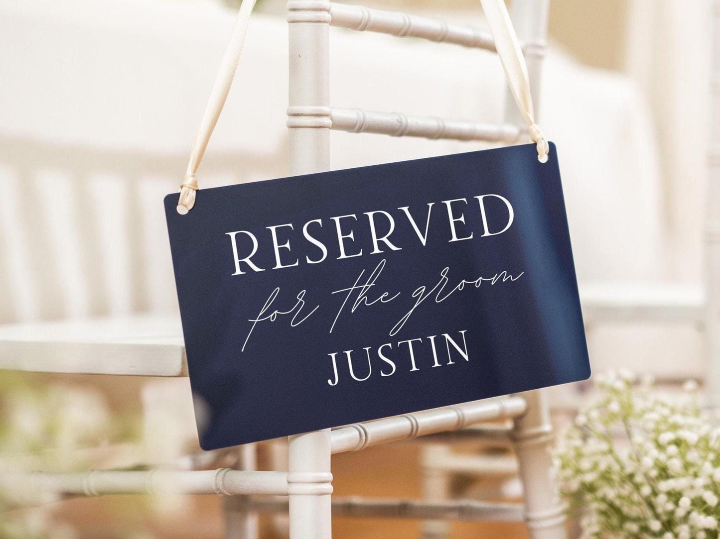 Reserved Hanging Acrylic Sign with Ribbon (D7) - 11.5x7" Reserved Seat Sign for the Groom with Name, Wedding Ceremony Reception Chair Sign