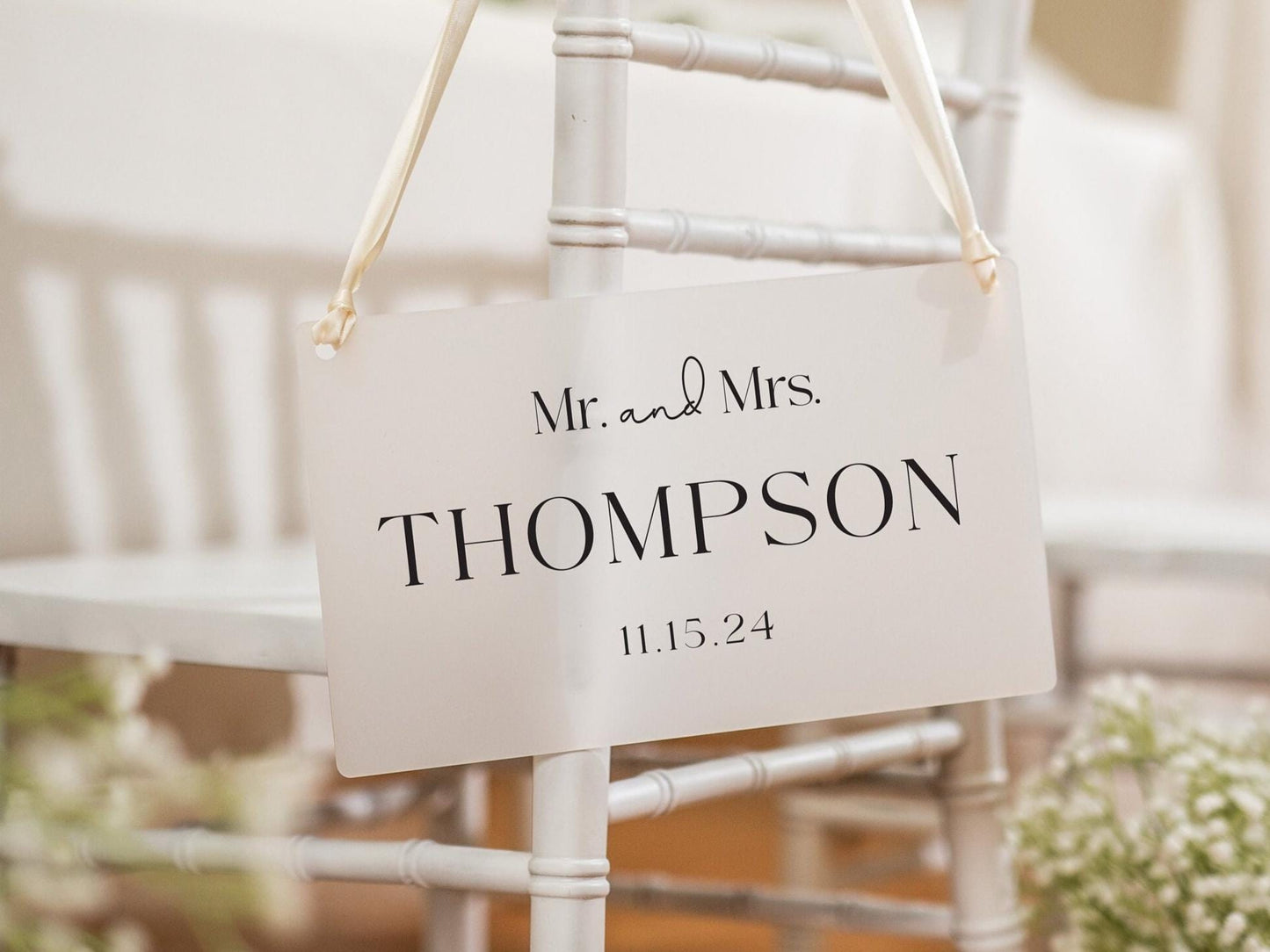 Wedding Hanging Acrylic Sign with Ribbon (Design 4) - 11.5x7" Sign, Mr. & Mrs. Wedding Sign, Bride and Groom Newlywed Decor, Couple Gift
