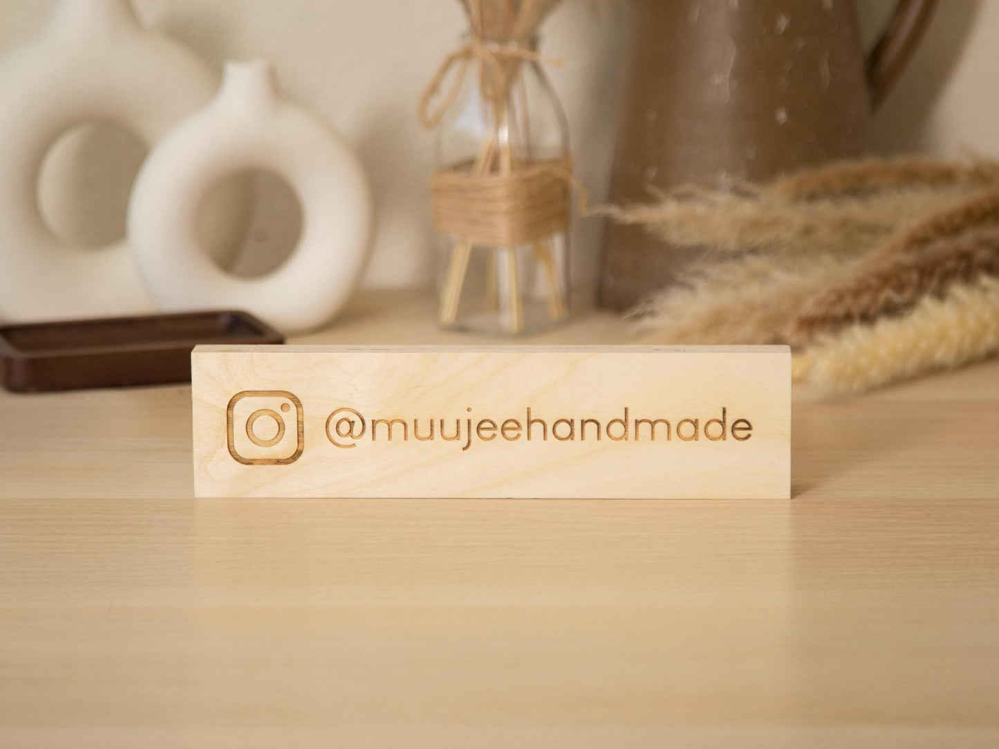 Plywood Social Media Sign - Custom Hashtag Tabletop Display, Username Tag, Minimalist Business Signage for Instagram & Facebook