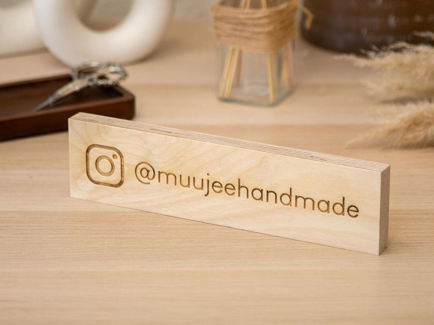 Plywood Social Media Sign - Custom Hashtag Tabletop Display, Username Tag, Minimalist Business Signage for Instagram & Facebook