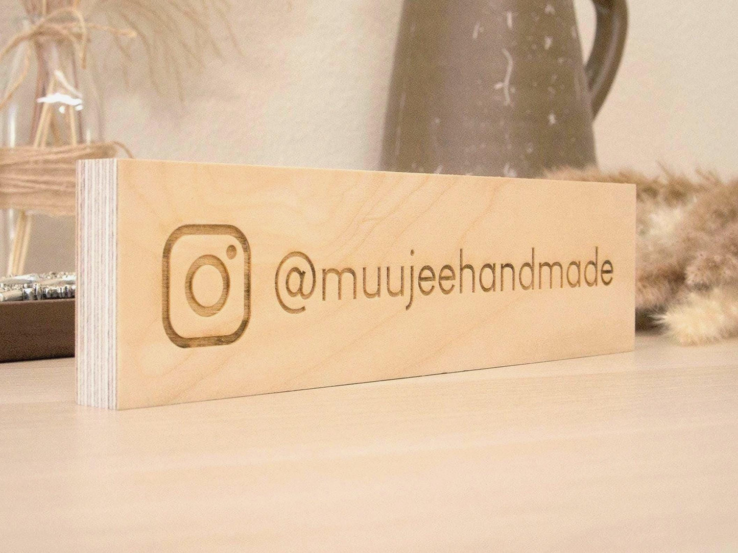 Plywood Social Media Sign - Custom Hashtag Tabletop Display, Username Tag, Minimalist Business Signage for Instagram & Facebook