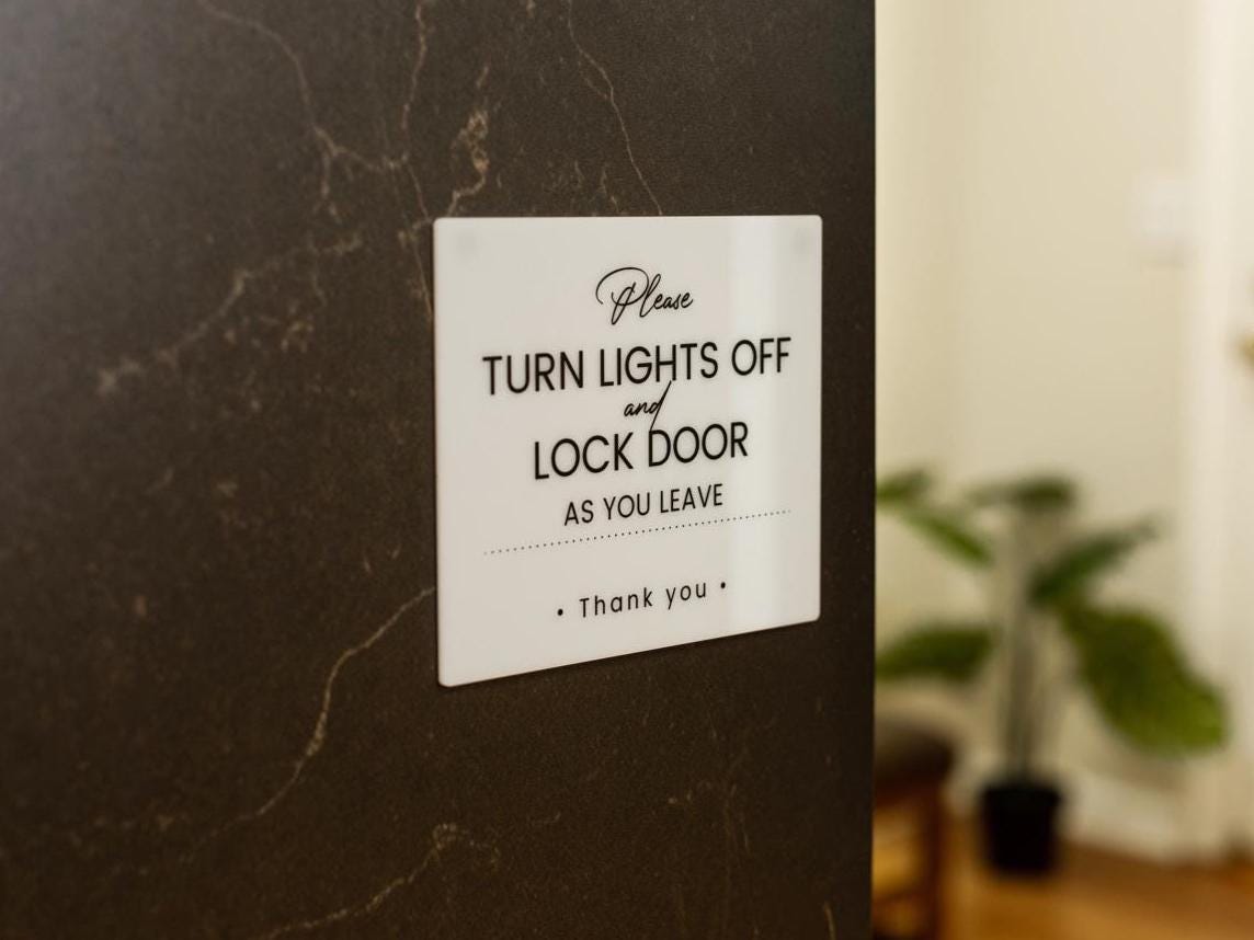 Turn Lights Off Acrylic Sign- 6.5 x 7.75" Sign for Vacation Rentals Airbnb VRBO Hotels Lobbies Restaurants Businesses Lock Doors End of Day