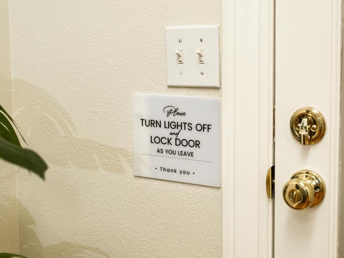 Turn Lights Off Acrylic Sign- 6.5 x 7.75" Sign for Vacation Rentals Airbnb VRBO Hotels Lobbies Restaurants Businesses Lock Doors End of Day