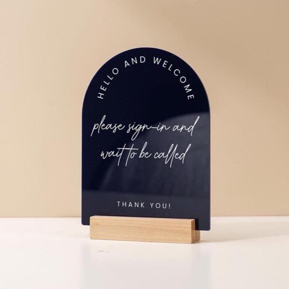 Arch Acrylic Sign w/ Base (D9) - Custom Signage for Business Clinic Office Retail Shops Trade Craft Show Salon, Wood or Acrylic Stand 6x7.5"