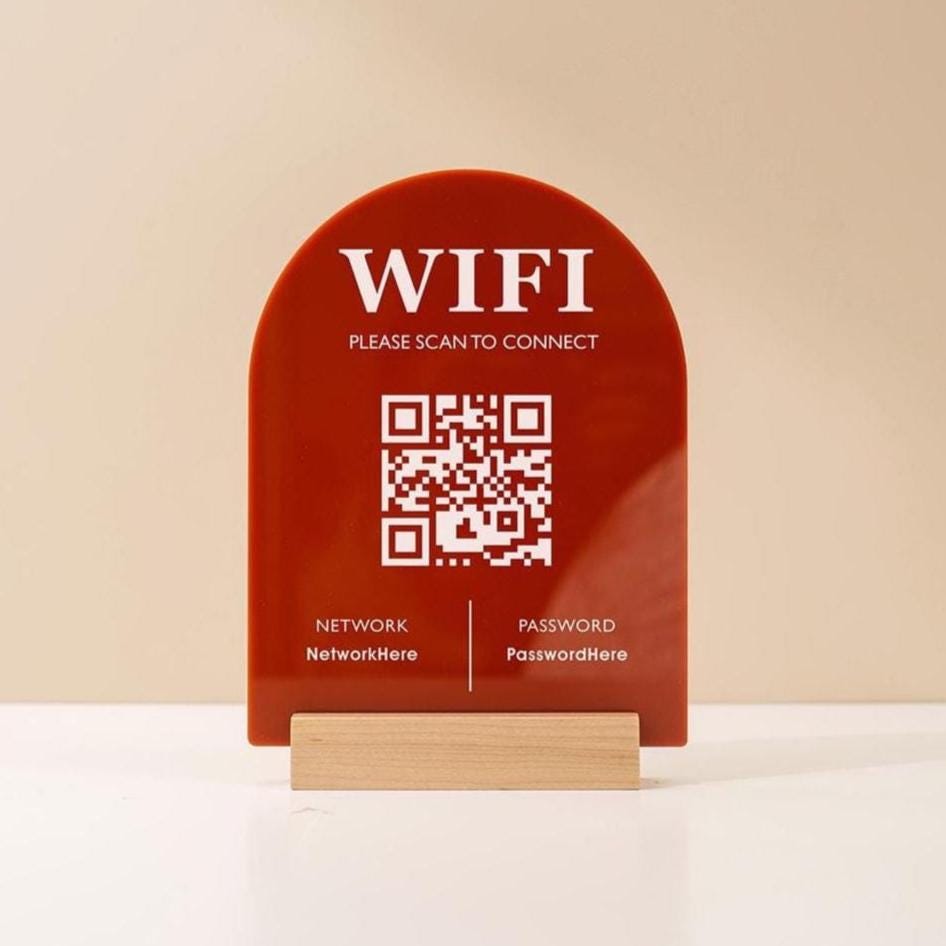 QR Code Wifi Acrylic Sign w/ Base (D3) - Scannable Wifi Table Sign Home Airbnb Rental Small Business Office Signage Salon Spa Clinic 6x7.75"