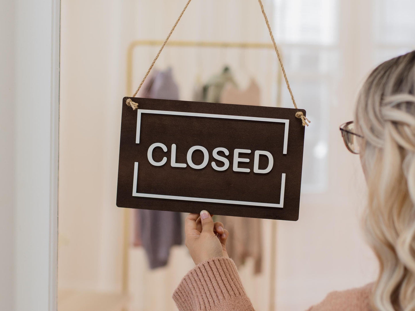 Open Closed Wood Hanging Sign (Design 1) - Double Sided Business Sign For Boutique Shop Storefront Window Signage Outdoor with White Rope
