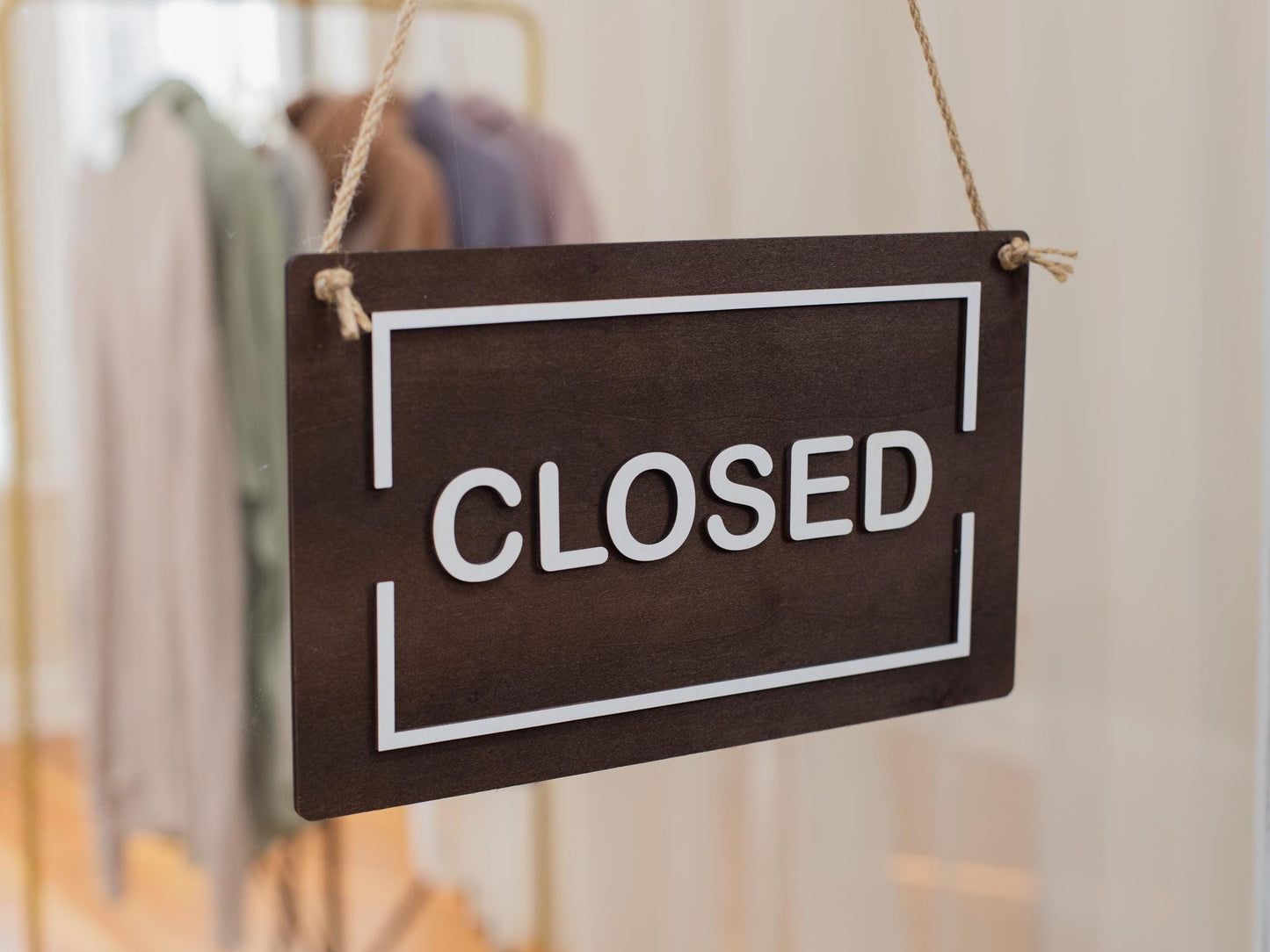 Open Closed Wood Hanging Sign (Design 1) - Double Sided Business Sign For Boutique Shop Storefront Window Signage Outdoor with White Rope