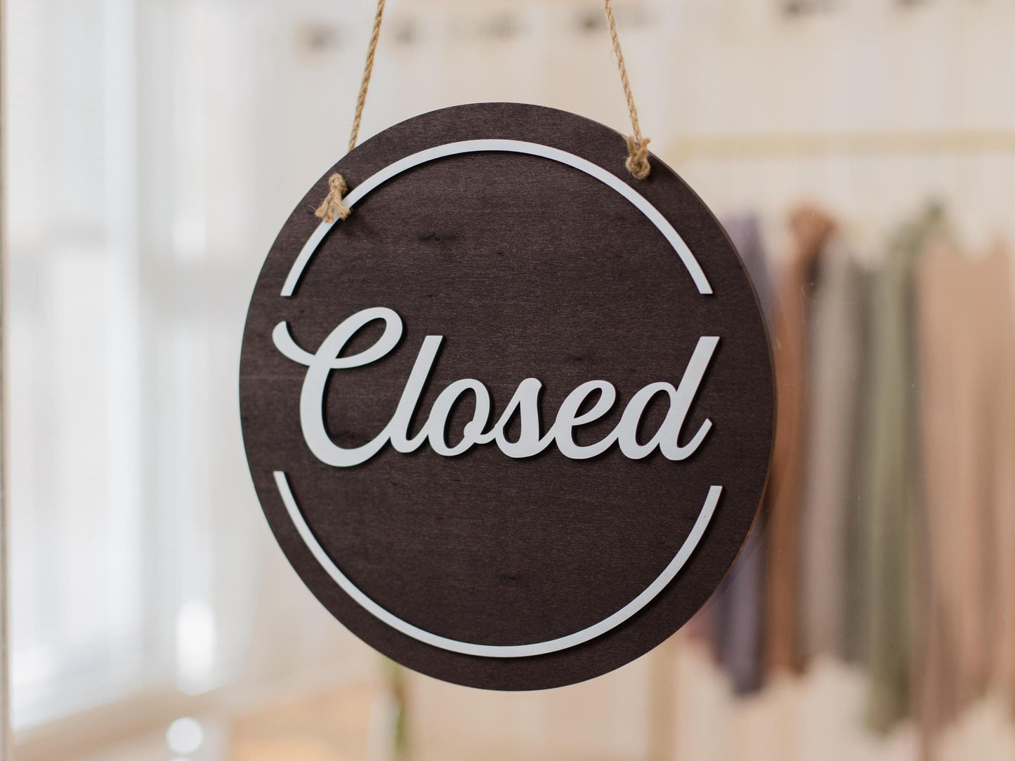 Open Closed Wood Hanging Sign (Design 2) - Double Sided Small Business Sign For Hair Salon Spa Window Indoor Outdoor Signage w/ White Rope