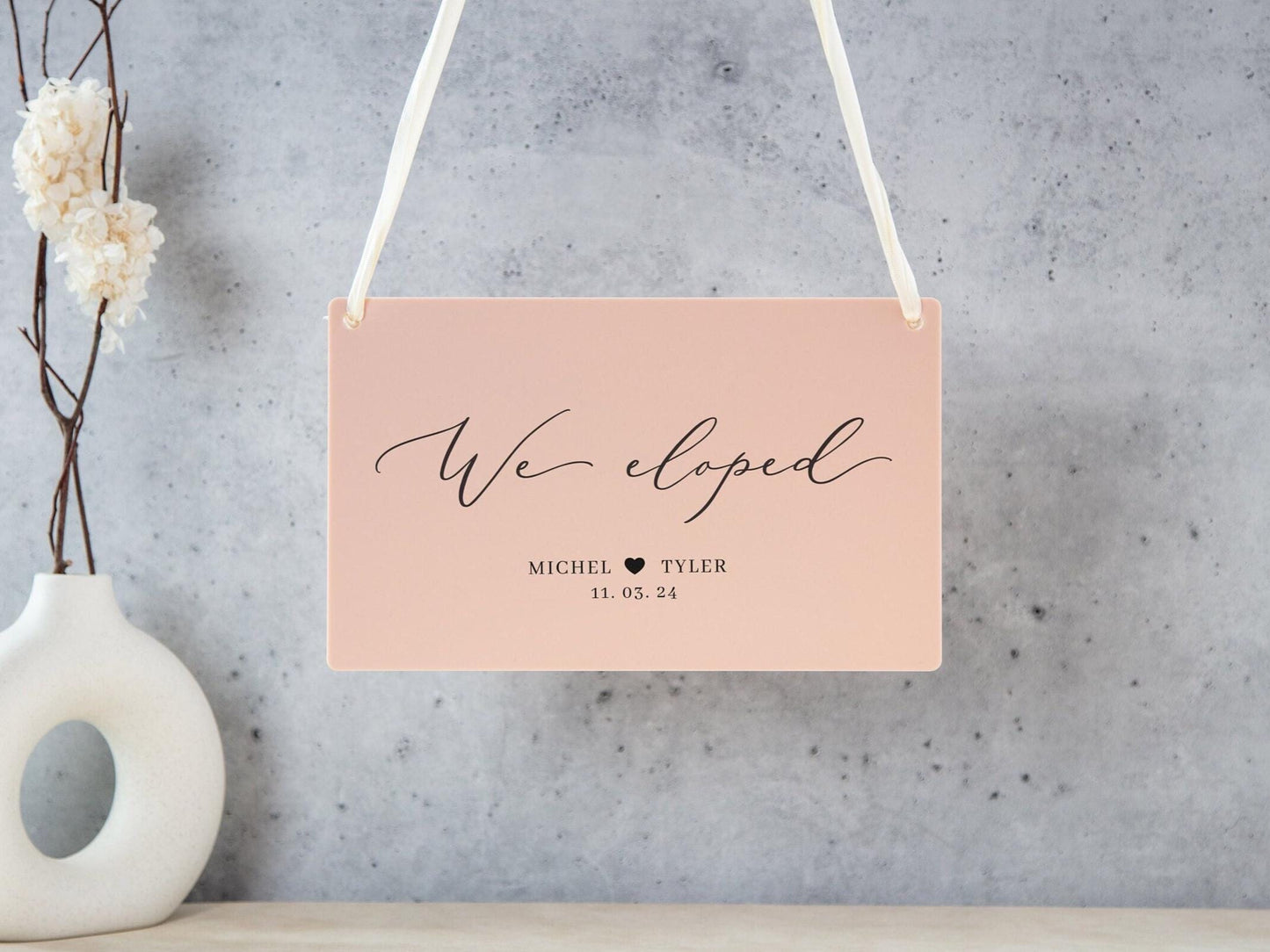 Wedding Hanging Acrylic Sign with Ribbon (Design 5) - 11.5x7" Sign, Signage for Wedding Elopement Photo Prop, Marriage Announcement