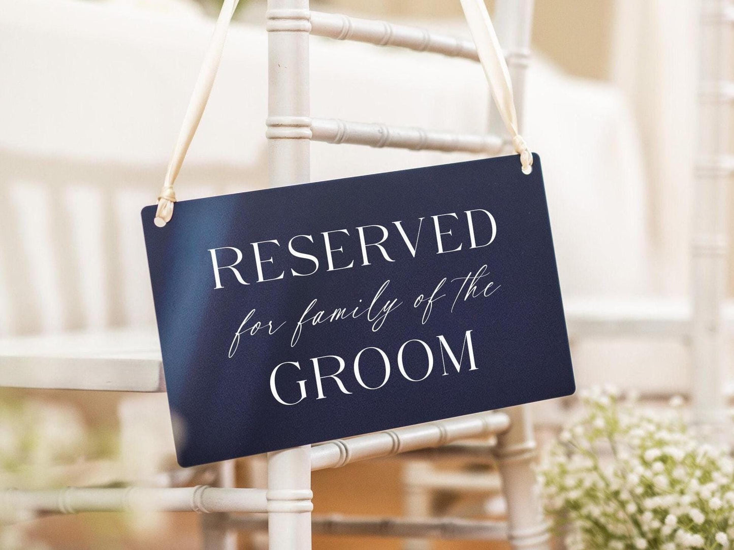 Reserved Hanging Acrylic Sign with Ribbon (D2) - 11.5x7" Reserved Seat Sign for Family of the Groom, Wedding Ceremony Reception Chair Sign