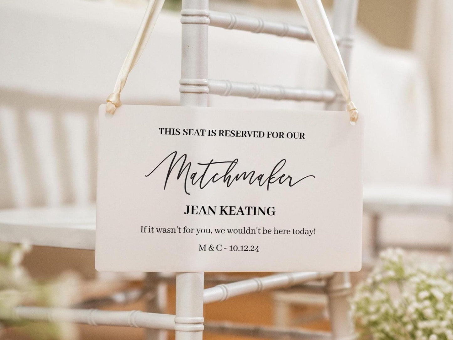 Wedding Hanging Acrylic Sign with Ribbon (Design 2) - 11.5x7" Sign, Signage for Wedding Chair Aisle Table, Matchmaker Sign