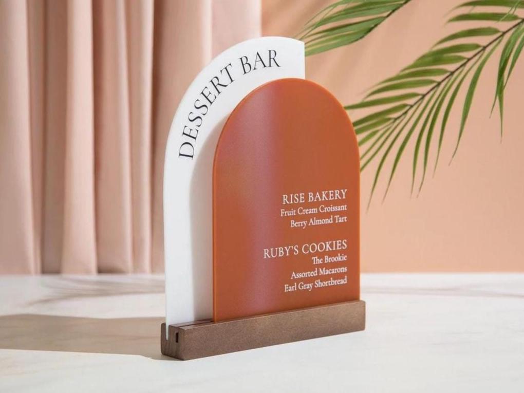 Full Arch Double Acrylic Sign w/ Walnut Wood Base - Dessert Bar for Weddings Birthdays Events, Personalized Show Menu, Custom Party Signage