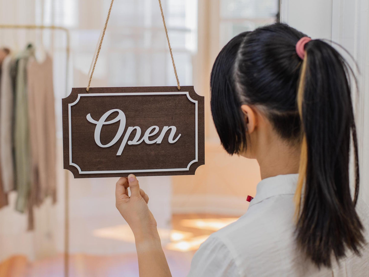 Open Closed Wood Hanging Sign (Design 3) - Double Sided Business Storefront Signage for Restaurants Retail Store Mom Pop Vintage Boutique