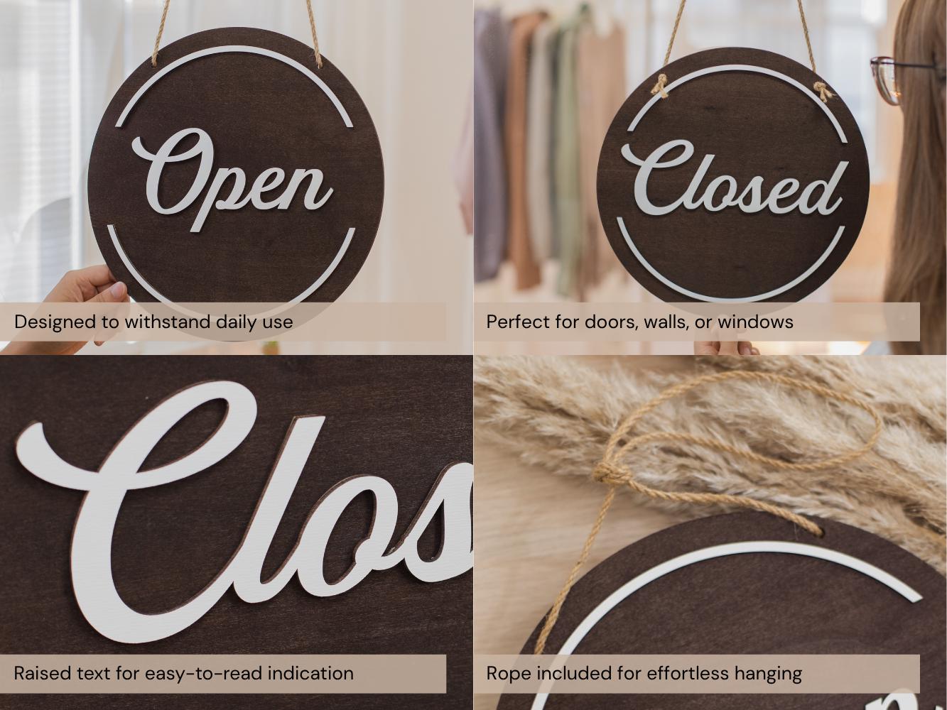 Open Closed Wood Hanging Sign (Design 2) - Double Sided Small Business Sign For Hair Salon Spa Window Indoor Outdoor Signage w/ White Rope