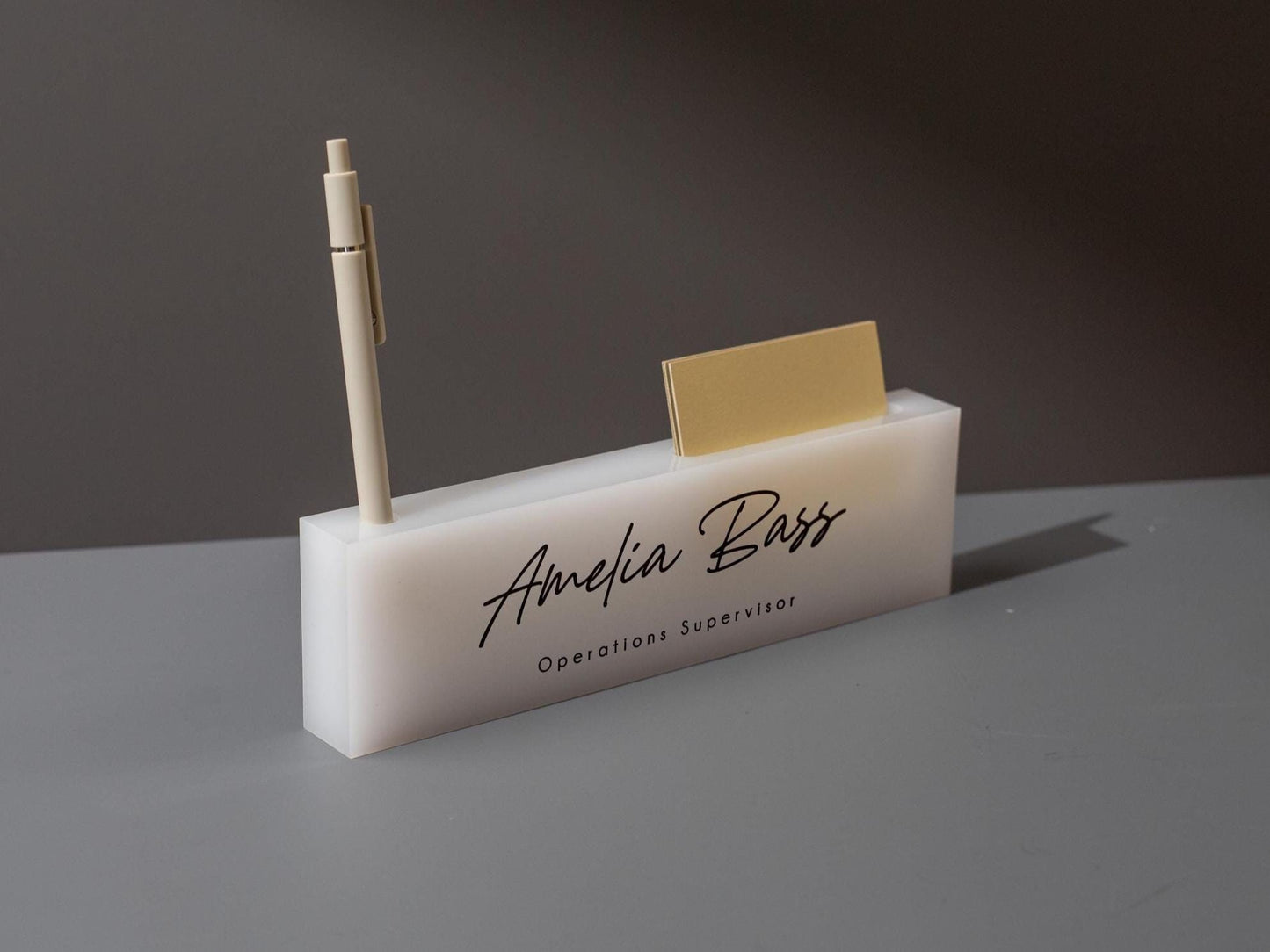 Personalized Acrylic Name Block (D5) - w/ Optional Wooden Base, Minimal Executive Desk Table CEO Sign, Job Office Decor, Graduation Gift