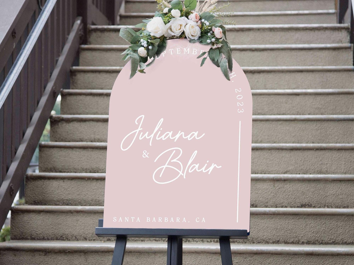 Personalized Arched Acrylic Wedding Welcome Sign (Design 3) - Baby Pink Welcome To Our Wedding Venue Entrance Display with Bride Groom Name