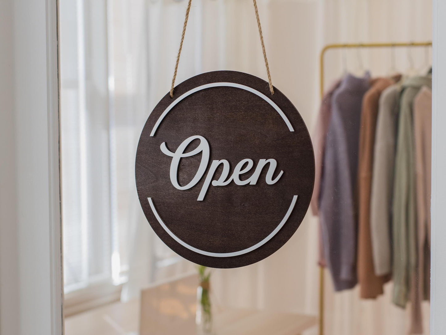 Open Closed Wood Hanging Sign (Design 2) - Double Sided Small Business Sign For Hair Salon Spa Window Indoor Outdoor Signage w/ White Rope