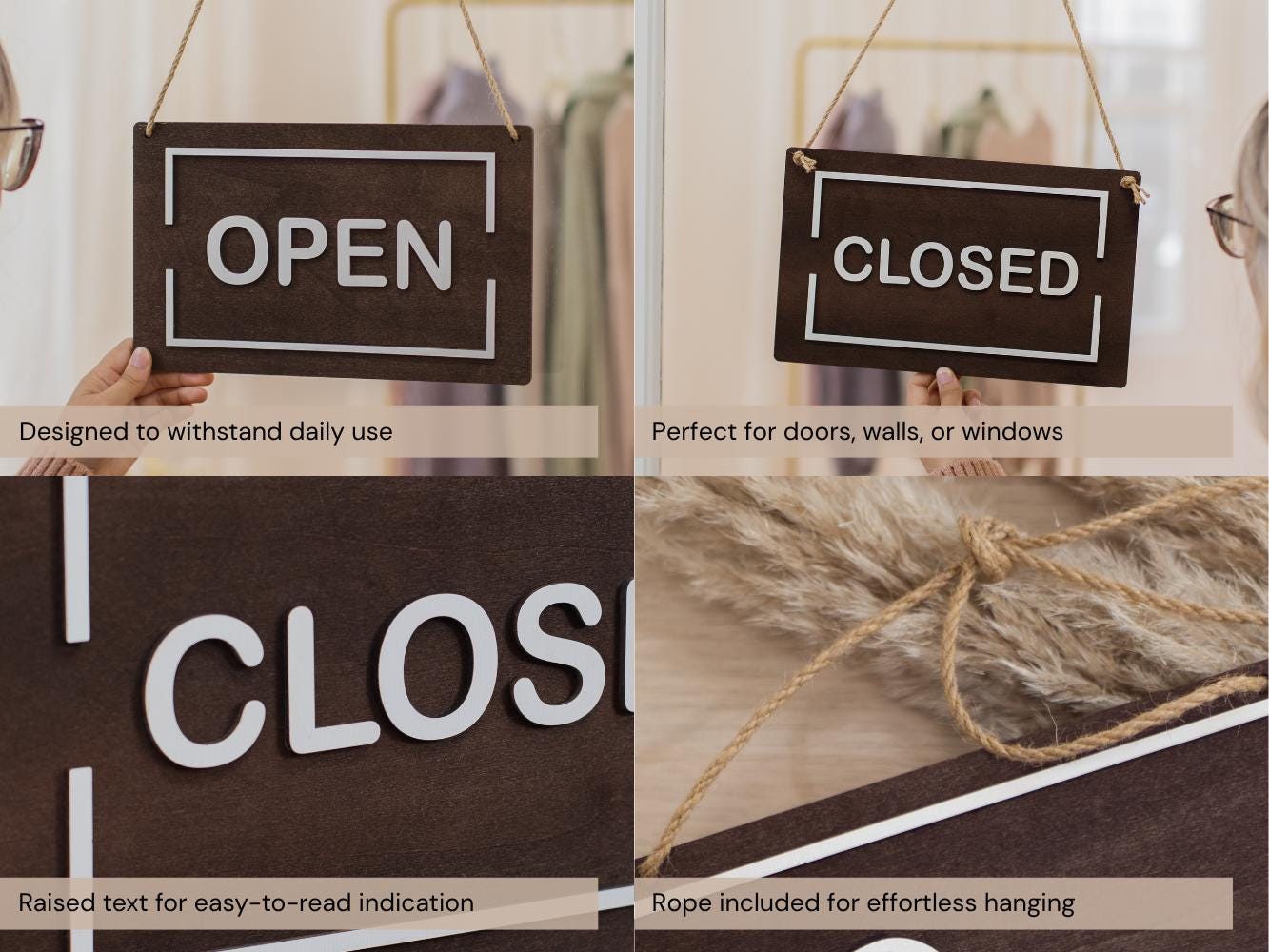 Open Closed Wood Hanging Sign (Design 1) - Double Sided Business Sign For Boutique Shop Storefront Window Signage Outdoor with White Rope